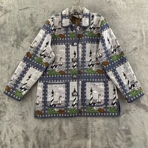 Vintage Blair Lighthouse Woven Tapestry Jacket Womens L Sailboat Anchor Button